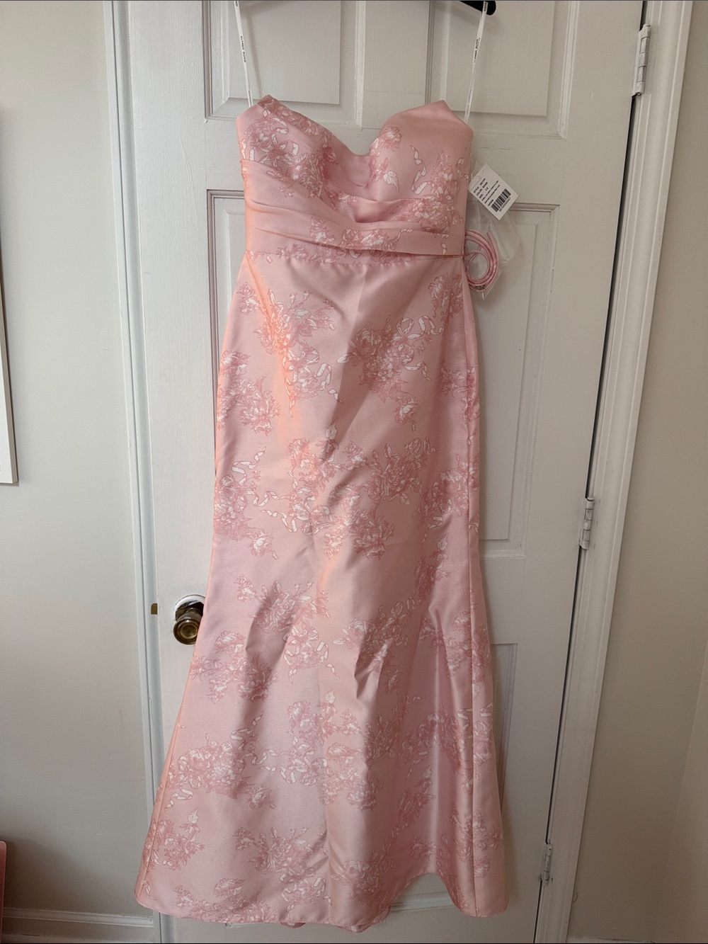 ALFRED SUNG Pink Strapless Satin Prom Gown with Floral Embroidery